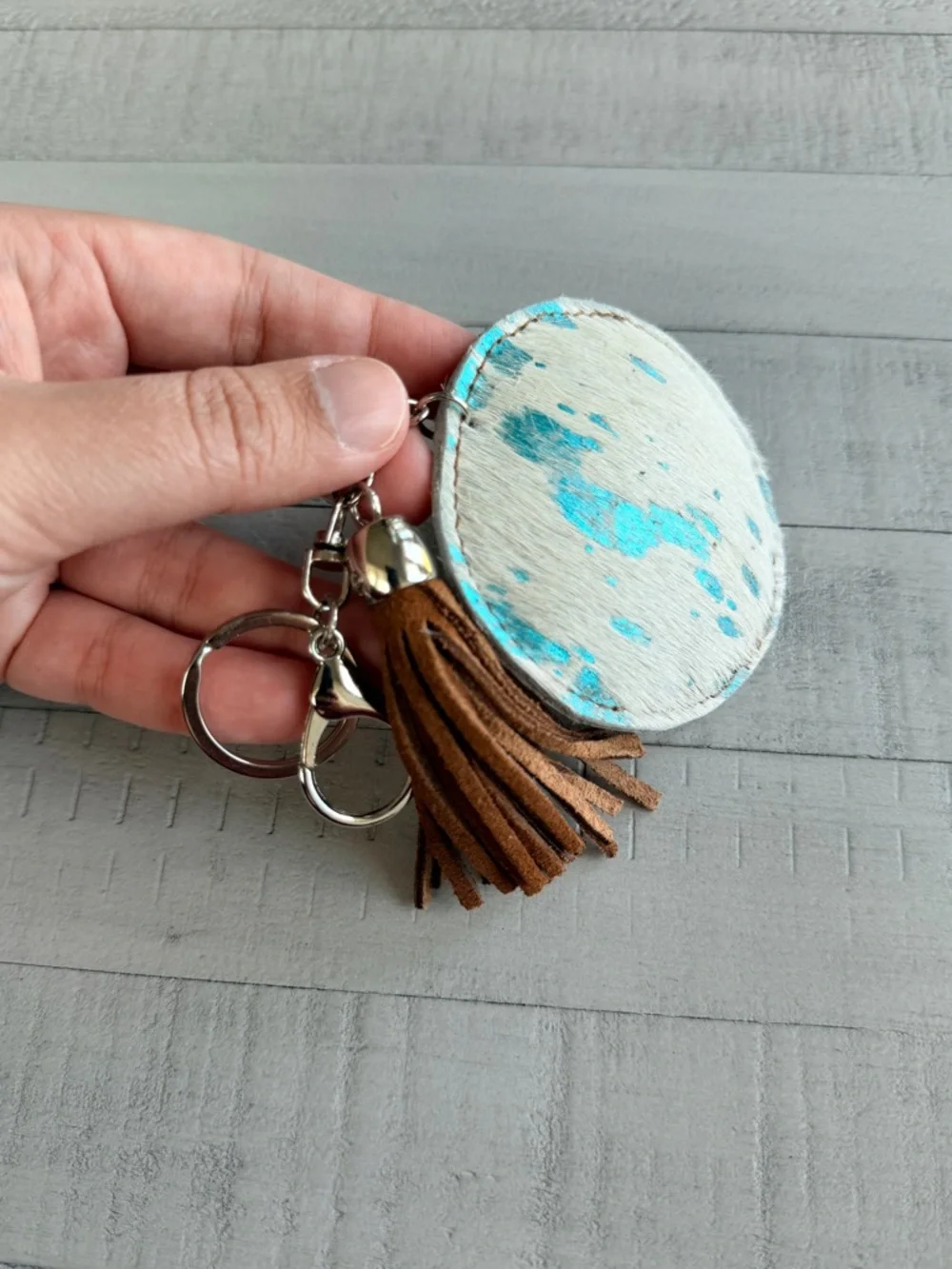 Western Acid Wash Round Turquoise & White Haircalf Keychain with Brown Tassel